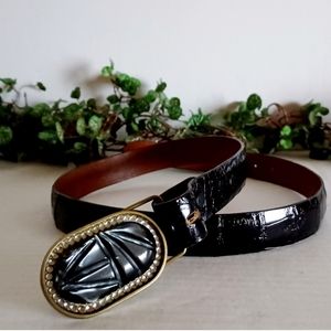 Genuine Alligator Leather Solid Brass Buckle Belt - Black